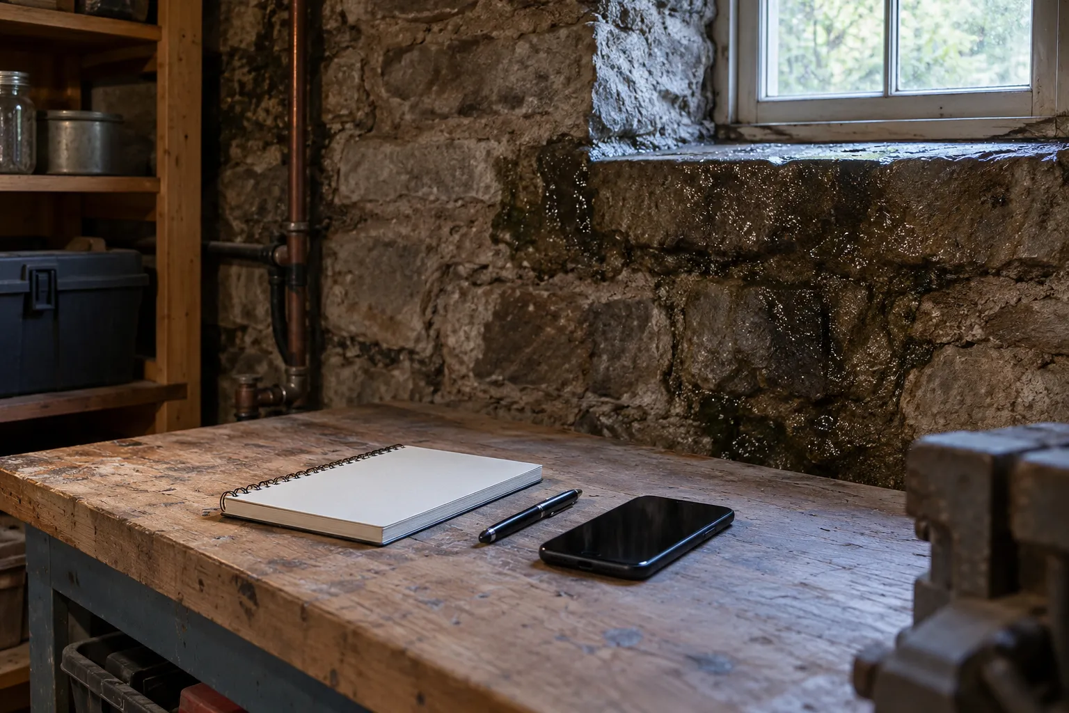 Notebook and phone with photos of a damp basement wall in the Agawam Town area